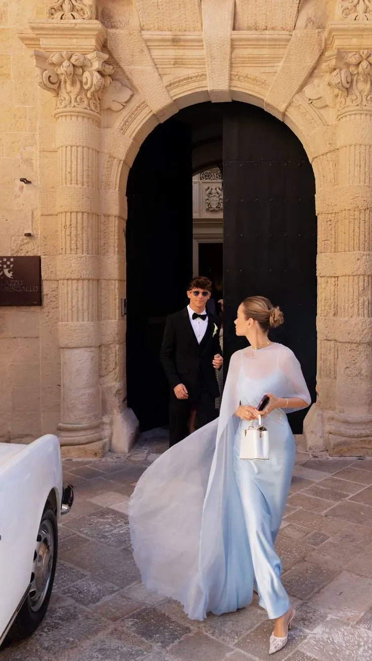 Pale Blue Satin Chiffon Cape Prom Dress Cowl-Neck Sheer-Overlay Floor-Length Formal Gown