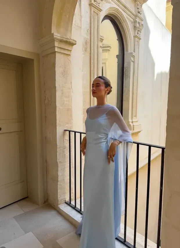 Pale Blue Satin Chiffon Cape Prom Dress Cowl-Neck Sheer-Overlay Floor-Length Formal Gown