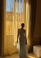 Pale Blue Satin Chiffon Cape Prom Dress Cowl-Neck Sheer-Overlay Floor-Length Formal Gown