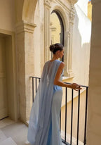 Pale Blue Satin Chiffon Cape Prom Dress Cowl-Neck Sheer-Overlay Floor-Length Formal Gown