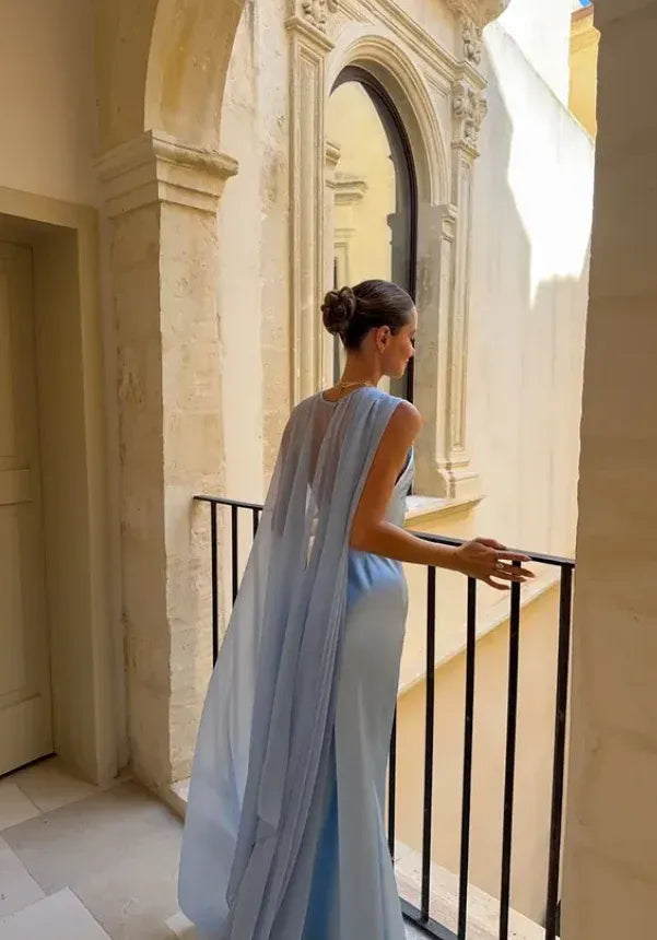 Pale Blue Satin Chiffon Cape Prom Dress Cowl-Neck Sheer-Overlay Floor-Length Formal Gown