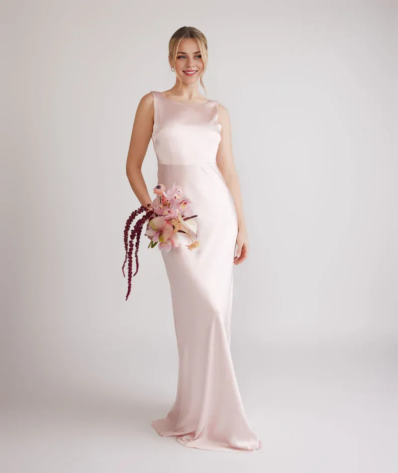 Dress Fashion Cowl Back Bridesmaid Dress Maxi Dress Solid Color Champagne Boat Neck Sleeveless Prom Dress