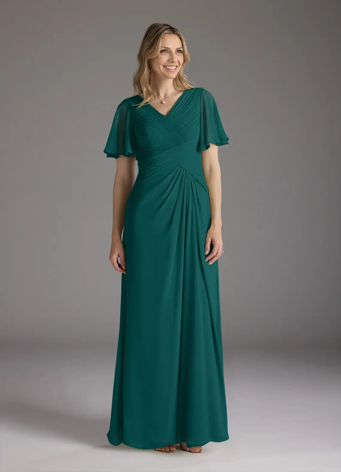 Dress A-Line V-Neck Ruched Mother of the Groom Dresses Elegant Ruffle Flutter Sleeves V Back Evening Dress