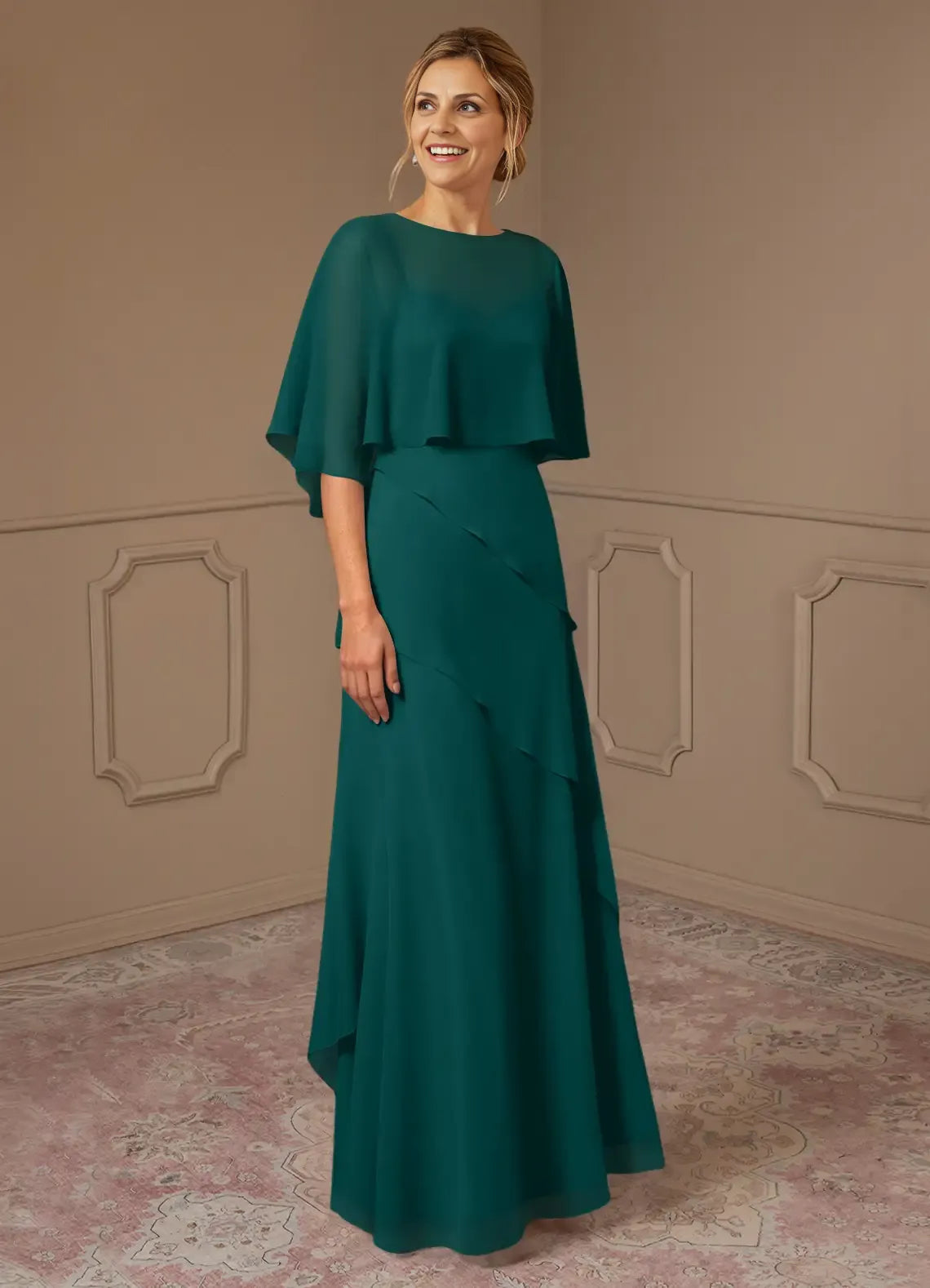 Dress A-Line Scoop Neck Dress Mother Of The Bride Dresses Elegant Cap Sleeves Capelet Evening Dress