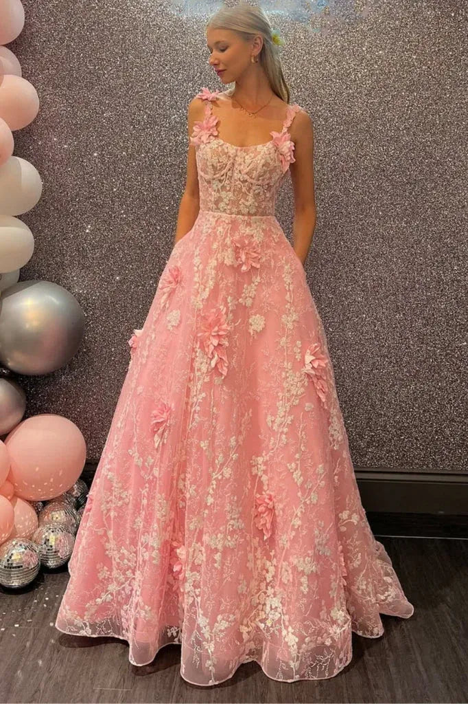 Pink 3D Floral Spaghetti Strap Open Back A-Line Prom Ball Gown