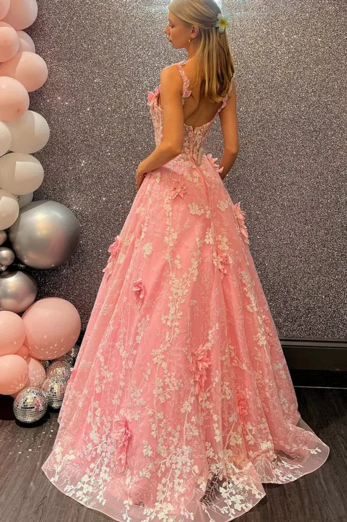 Pink 3D Floral Spaghetti Strap Open Back A-Line Prom Ball Gown