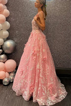 Pink 3D Floral Spaghetti Strap Open Back A-Line Prom Ball Gown