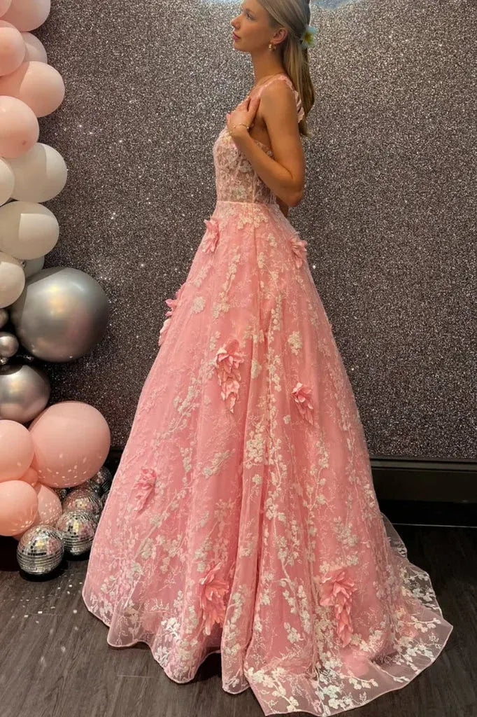 Pink 3D Floral Spaghetti Strap Open Back A-Line Prom Ball Gown