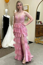 Pink Spaghetti Strap Corset Tiered Ruffle High Slit Prom Dress
