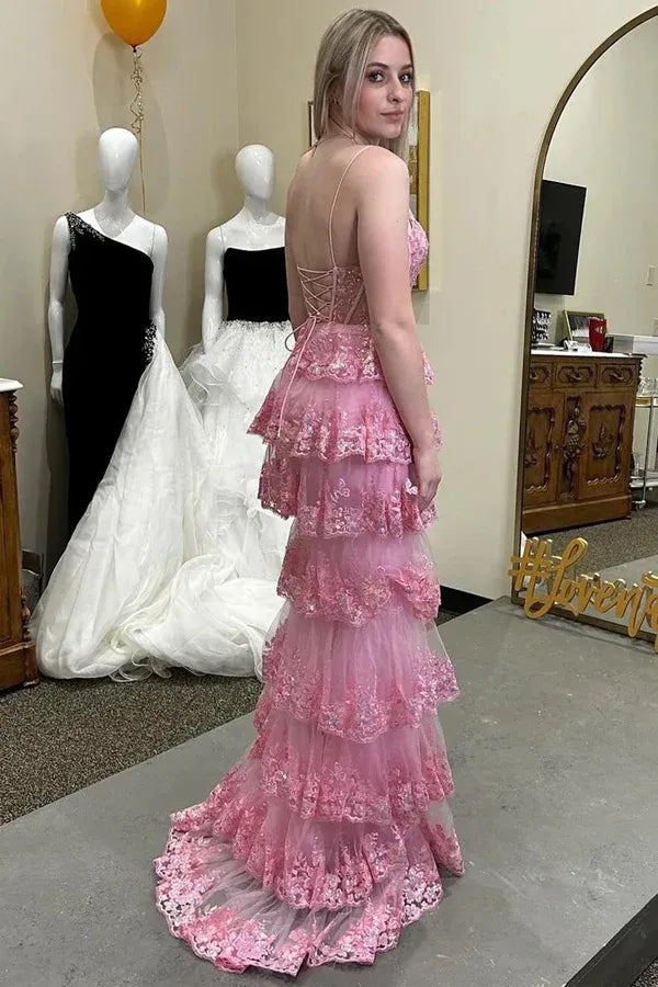 Pink Spaghetti Strap Corset Tiered Ruffle High Slit Prom Dress