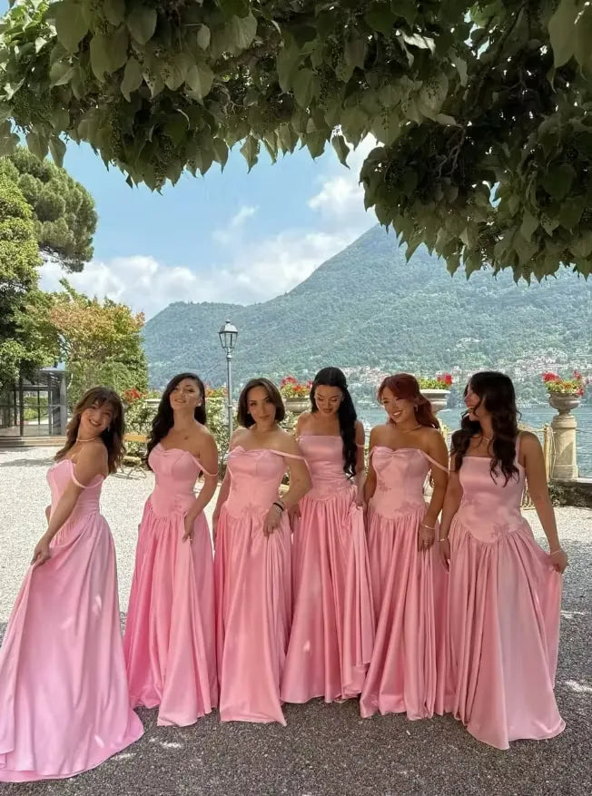 Pink A Line Spaghetti Straps Appliques Satin Long Prom Dress Evening Dress
