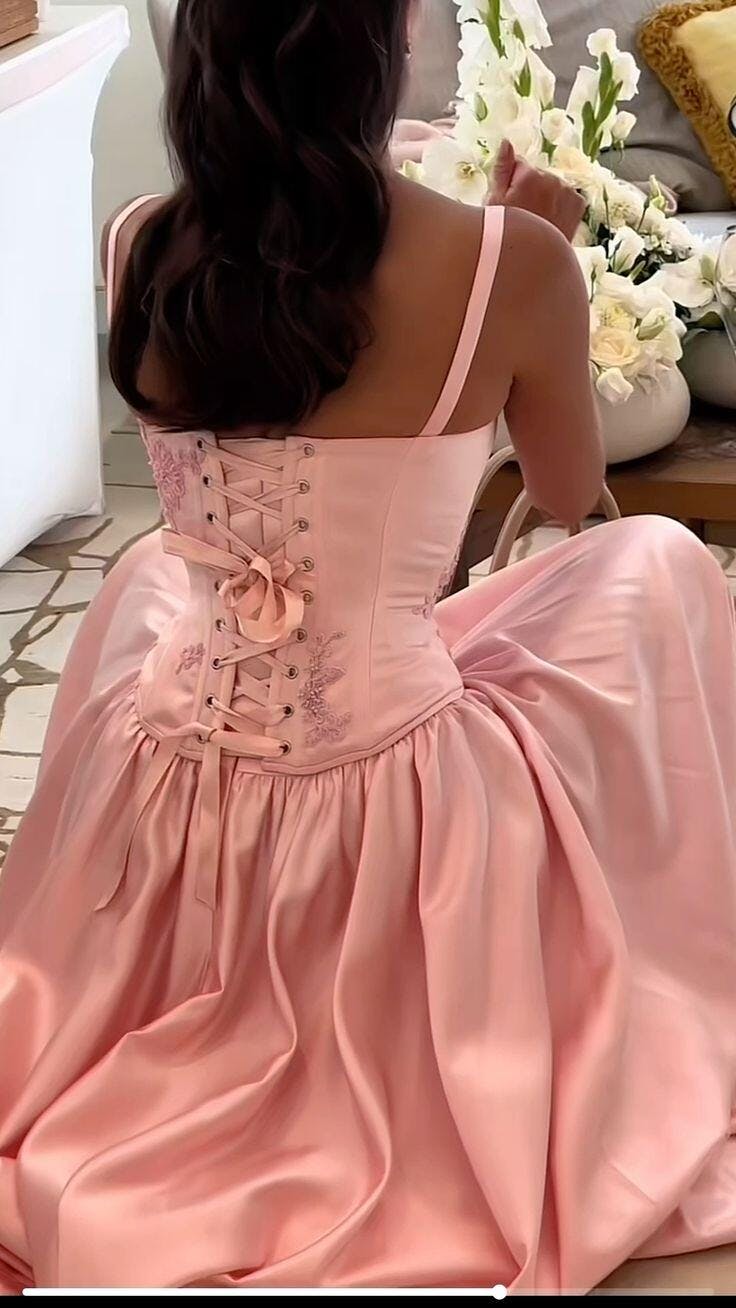 Pink A Line Spaghetti Straps Appliques Satin Long Prom Dress Evening Dress