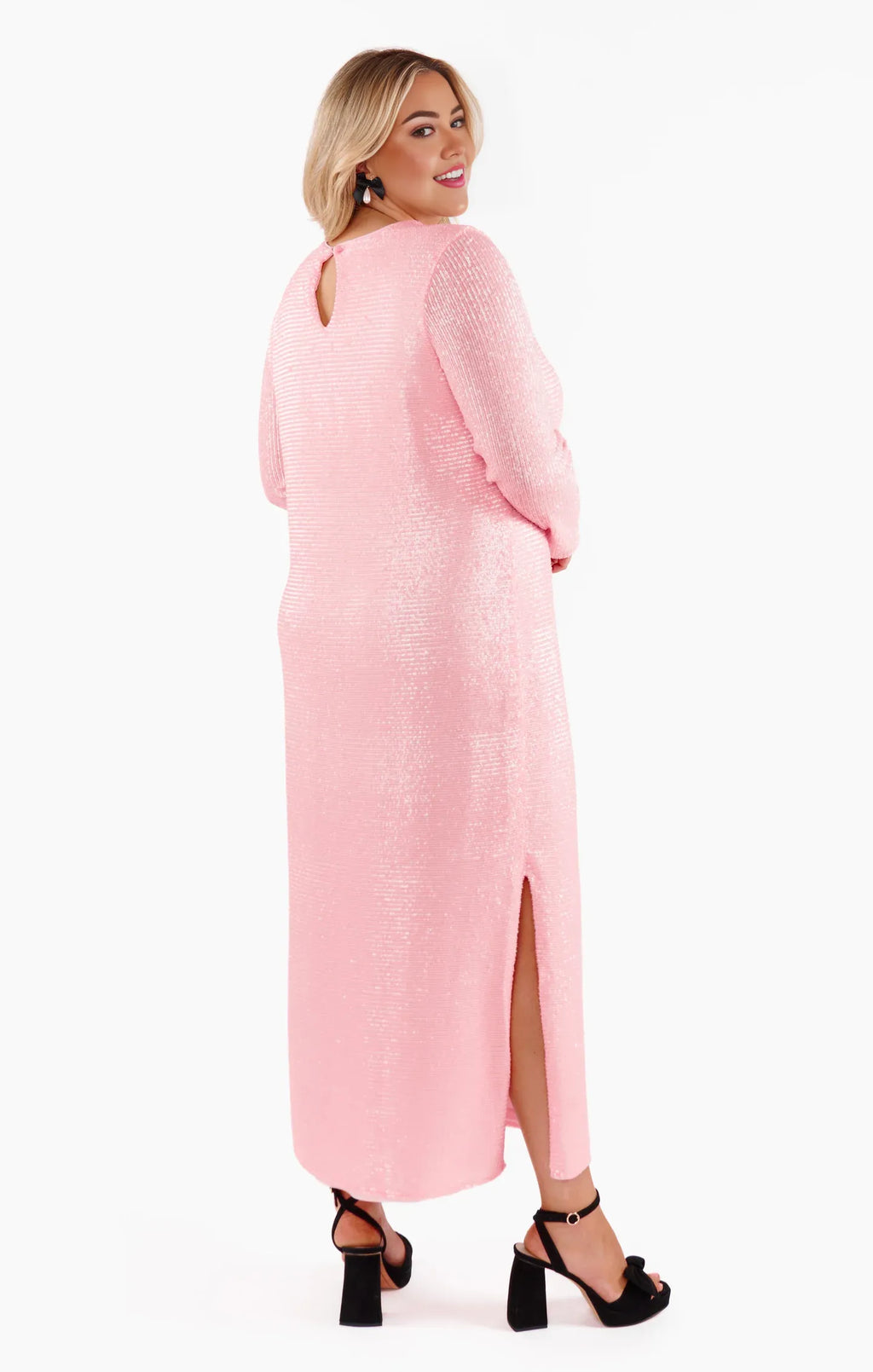 Dress Fashion Round Neck Long Sleeves Maxi Dress Column Sequins Full Coverage Prom Dress With Slit