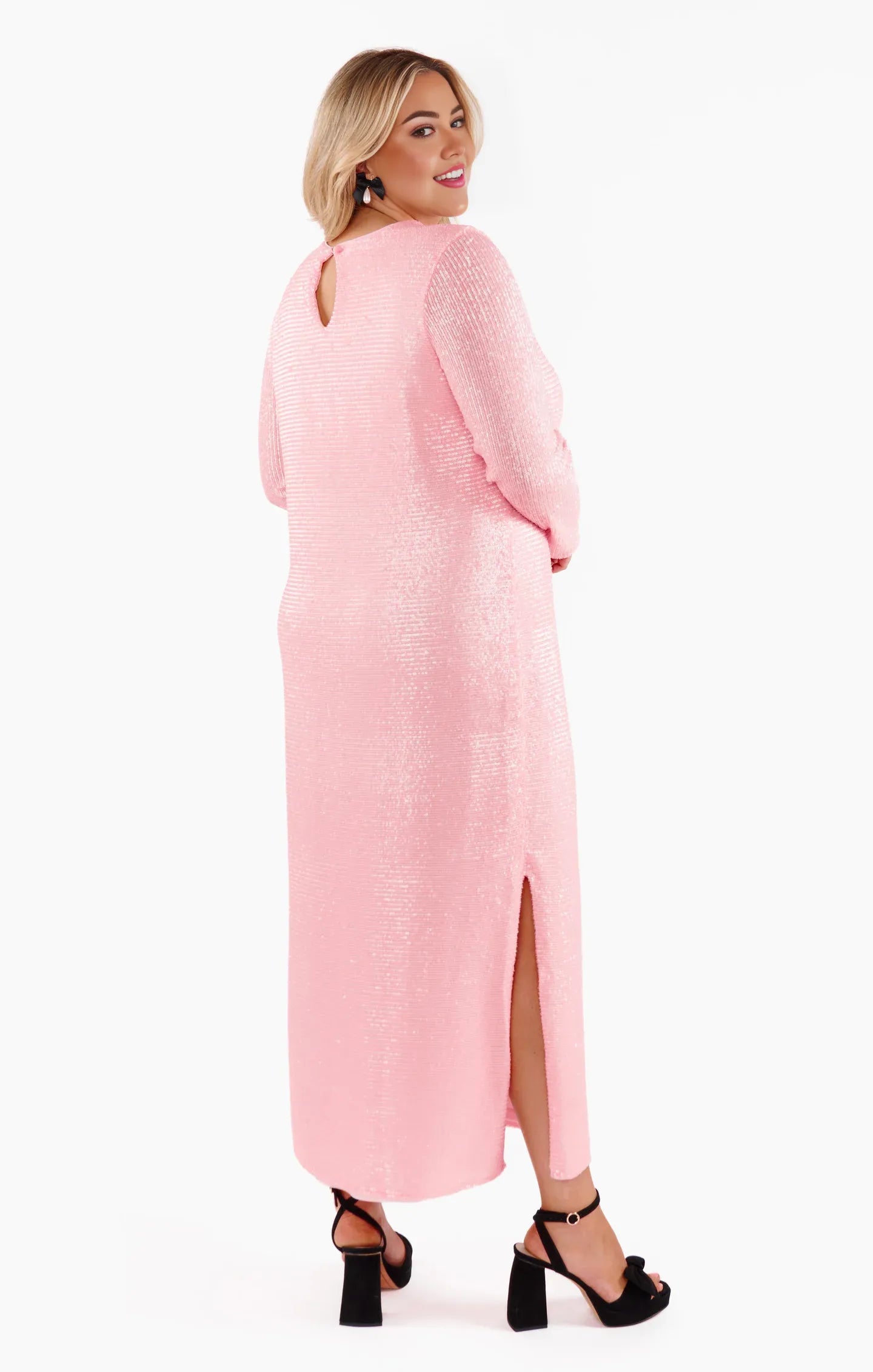 Dress Fashion Round Neck Long Sleeves Maxi Dress Column Sequins Full Coverage Prom Dress With Slit