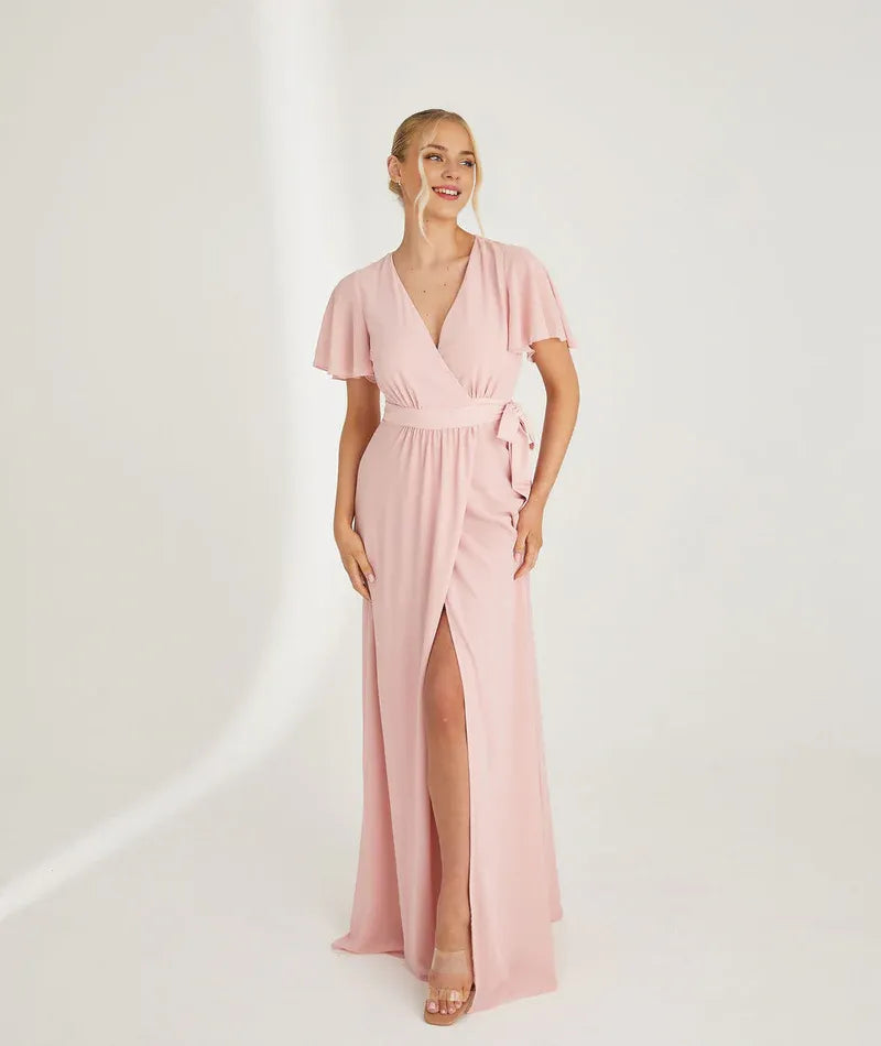Blue Dress Fashion V Neck Wrap Tie Bridesmaid Dress Maxi Dress Solid Color Flutter Sleeve A-Line Prom Dress