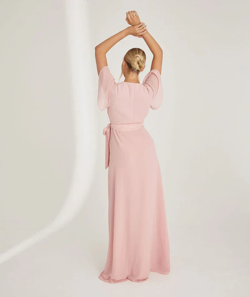 Blue Dress Fashion V Neck Wrap Tie Bridesmaid Dress Maxi Dress Solid Color Flutter Sleeve A-Line Prom Dress