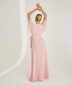 Blue Dress Fashion V Neck Wrap Tie Bridesmaid Dress Maxi Dress Solid Color Flutter Sleeve A-Line Prom Dress