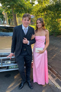 Pink Satin Spaghetti-Strap Floor-Length Prom Dress with Back Tie Detail
