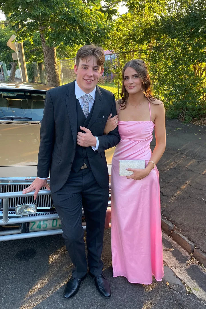 Pink Satin Spaghetti-Strap Floor-Length Prom Dress with Back Tie Detail
