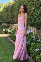 Pink Satin Spaghetti-Strap Floor-Length Prom Dress with Back Tie Detail