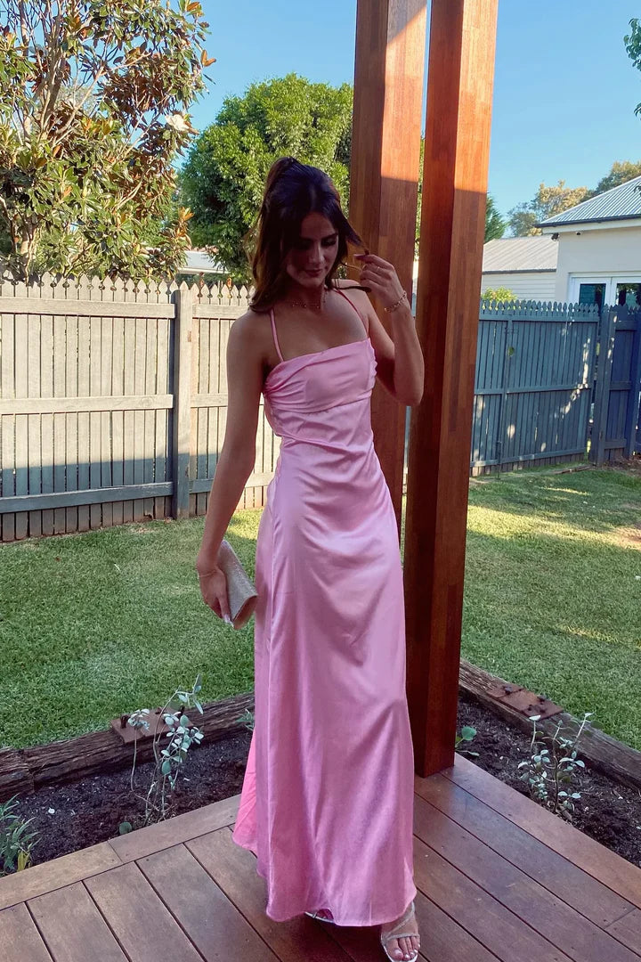 Pink Satin Spaghetti-Strap Floor-Length Prom Dress with Back Tie Detail