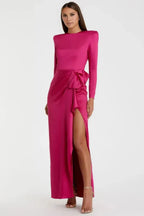 A-Line Round Neck Long Sleeve Zipper Up Floor-Length Prom Dress