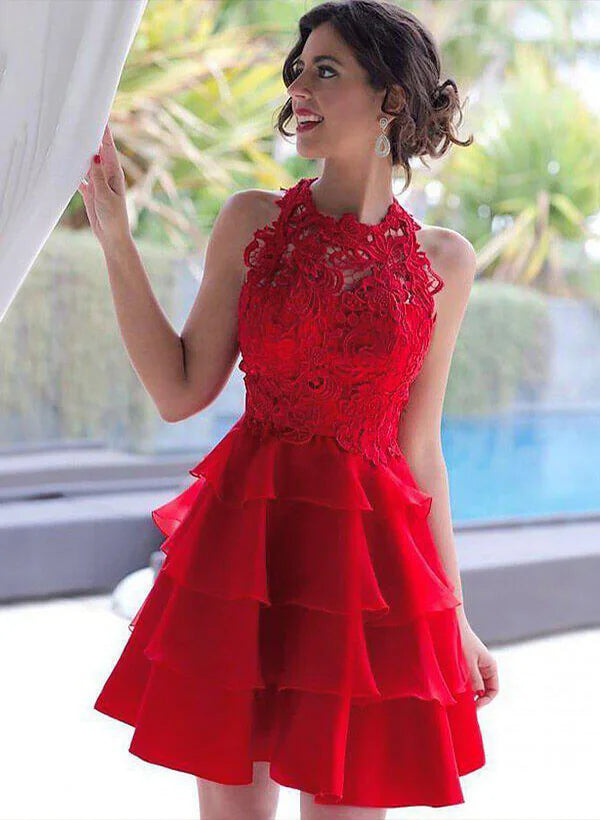 A-Line Halter Neck Floral Tiered Ruffle Mini Homecoming Dress