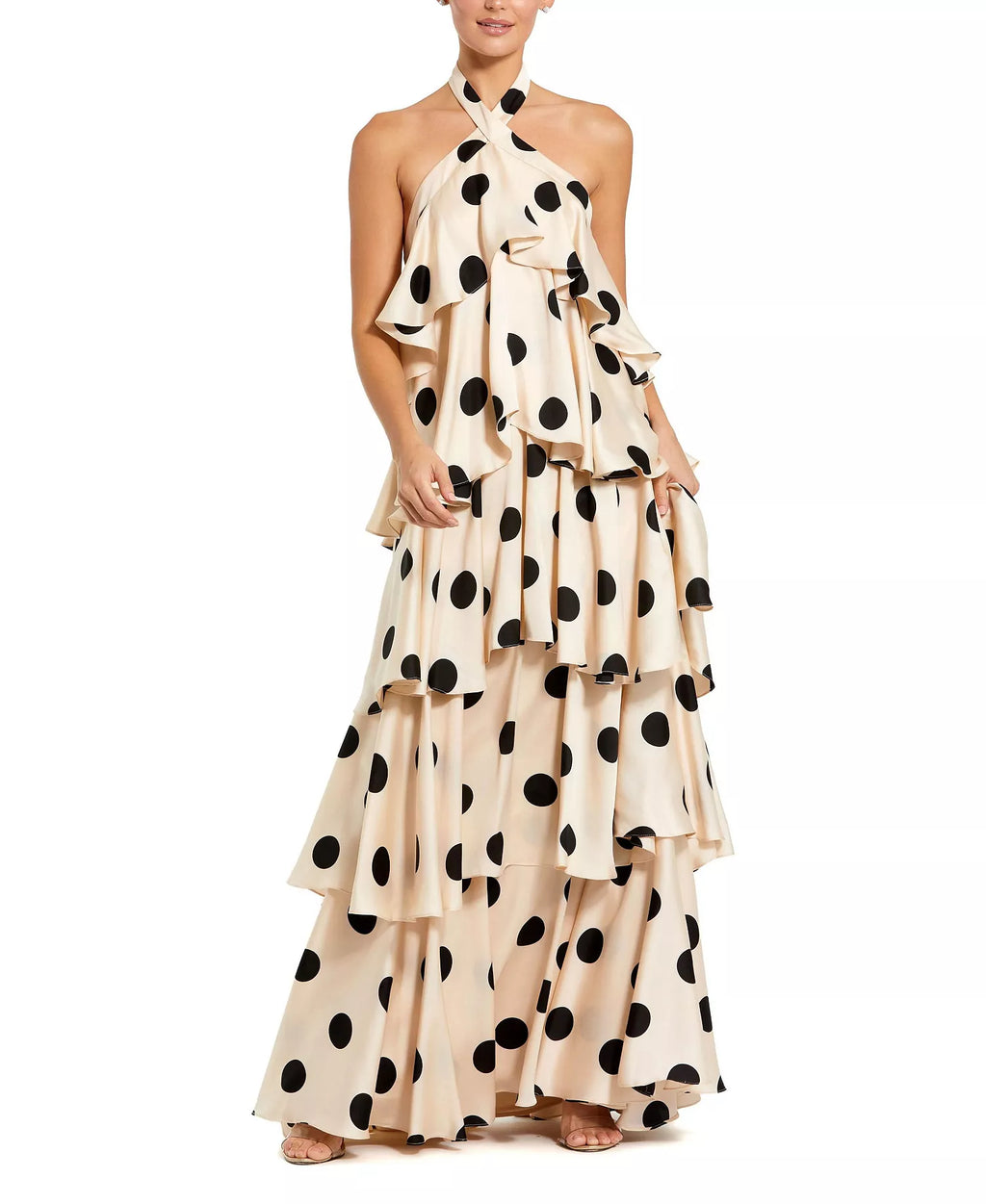 Playful A Line Halter Neck Ruffled Layer Open Back Floor Length For Ladies Prom Dress