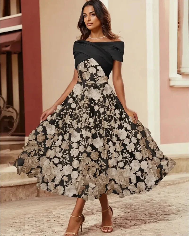A-Line Off Shoulder Midi Floral Dress
