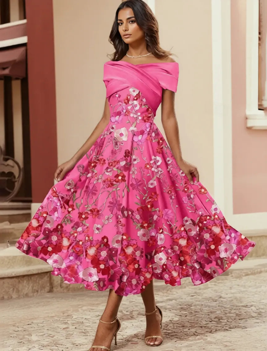 A-Line Off Shoulder Midi Floral Dress