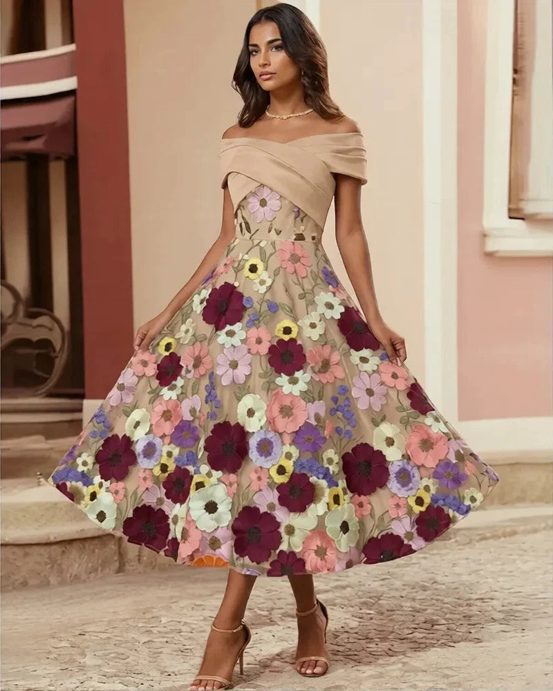 A-Line Off Shoulder Midi Floral Dress