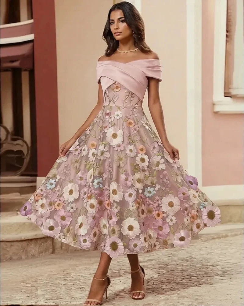 A-Line Off Shoulder Midi Floral Dress