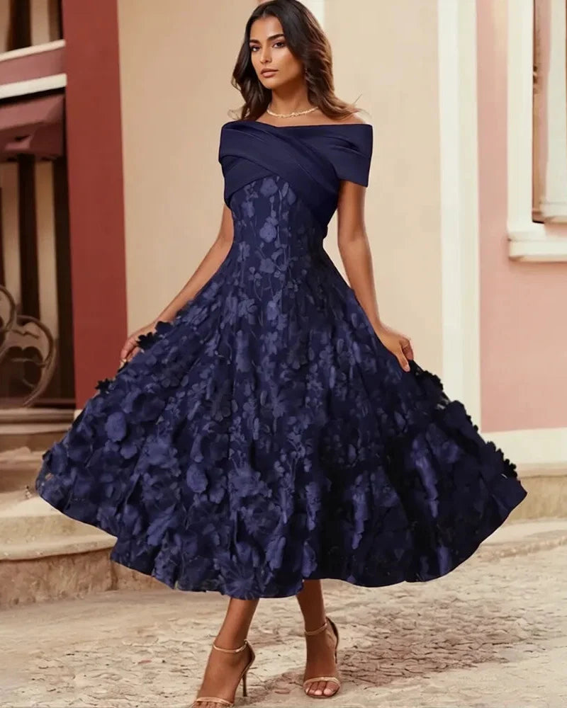 A-Line Off Shoulder Midi Floral Dress