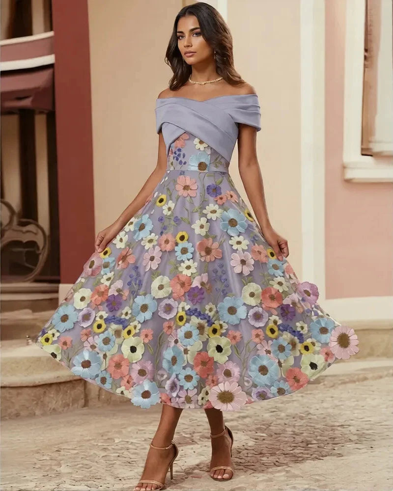 A-Line Off Shoulder Midi Floral Dress