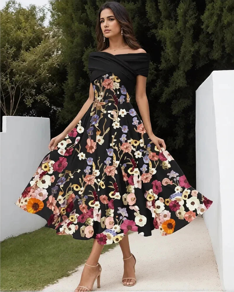 A-Line Off Shoulder Midi Floral Dress