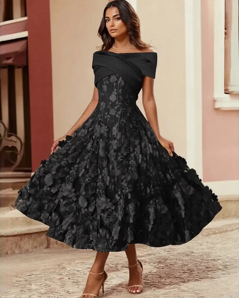 A-Line Off Shoulder Midi Floral Dress