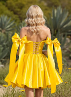 A-Line Off-the-Shoulder Sweetheart Corset Mini Homecoming Dress with Bow Ties