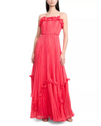 Playful A Line Spaghetti Strap Ruffled Trim Pleated Skirt Floor Length For Women Prom Dress