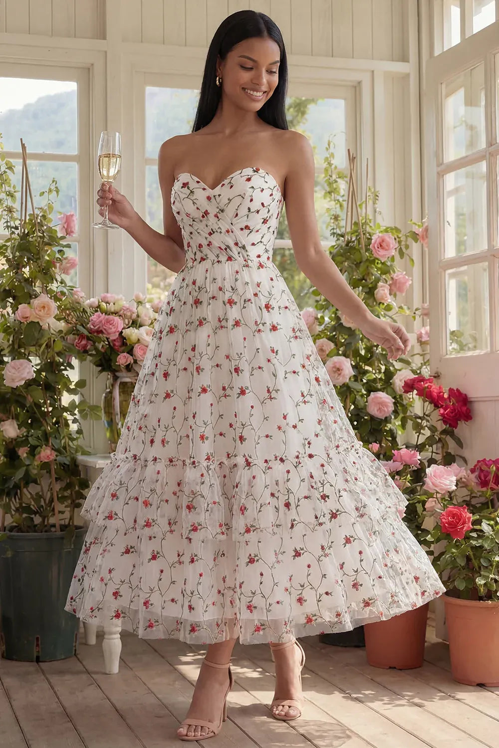 A-Line Strapless Sleeveless Floral Midi Cocktail Dress
