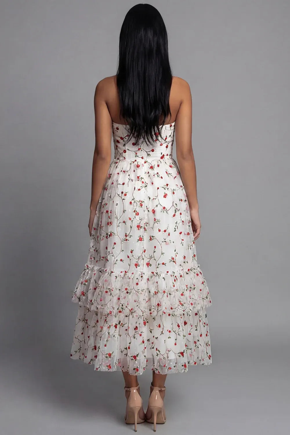 A-Line Strapless Sleeveless Floral Midi Cocktail Dress