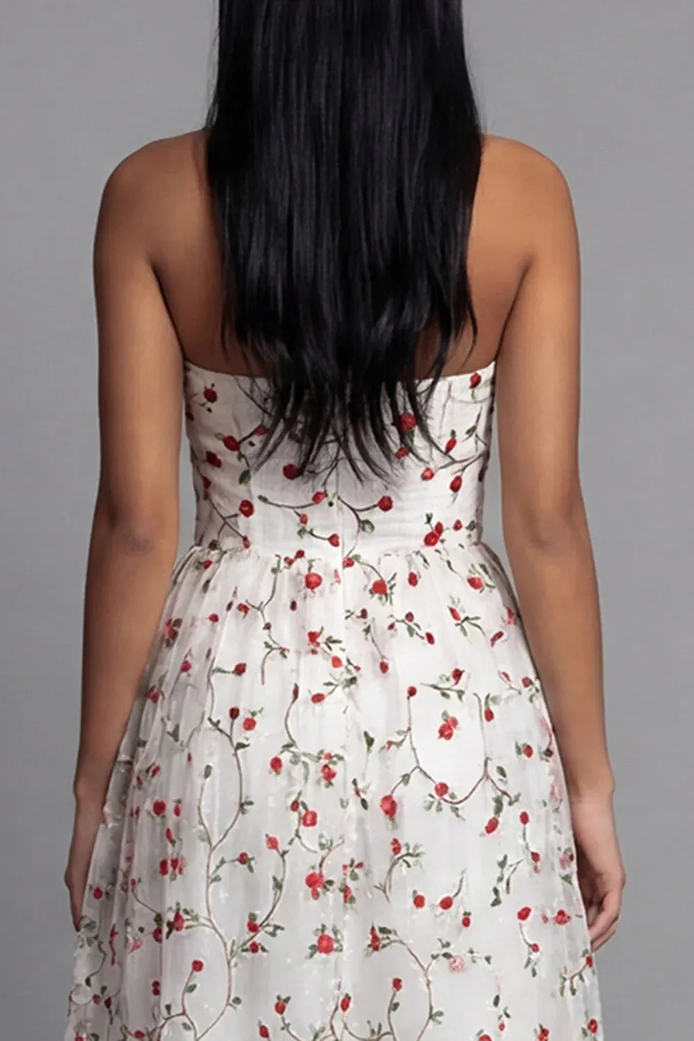 A-Line Strapless Sleeveless Floral Midi Cocktail Dress