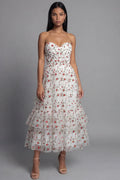 A-Line Strapless Sleeveless Floral Midi Cocktail Dress