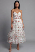 A-Line Strapless Sleeveless Floral Midi Cocktail Dress