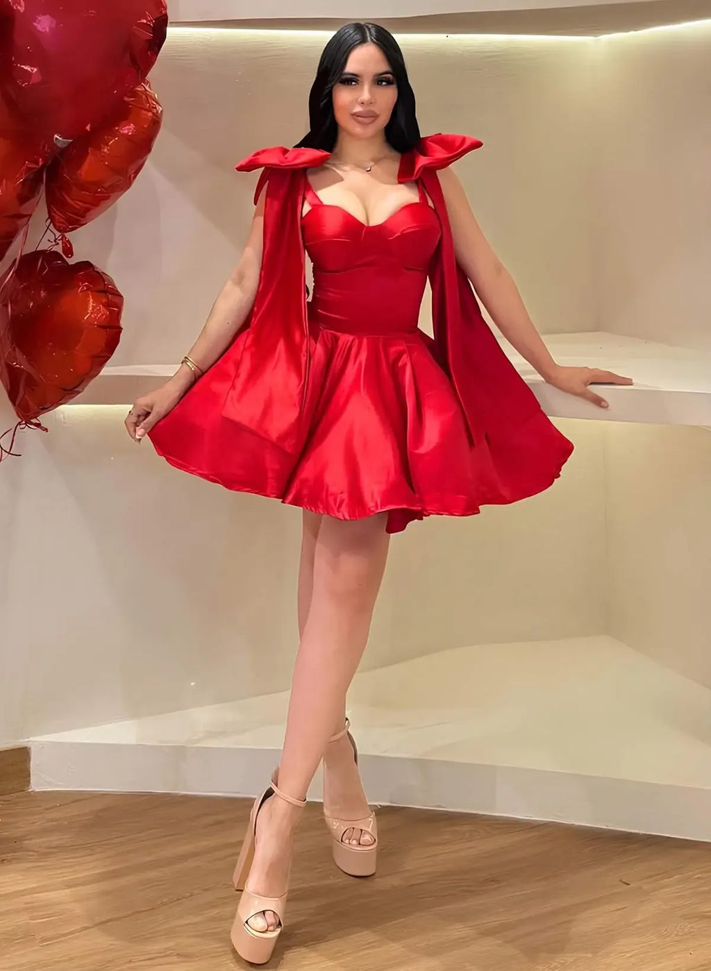 A-Line Sweetheart Corset Dress with Oversized Shoulder Bows & Lace-Up Back