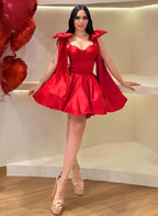 A-Line Sweetheart Corset Dress with Oversized Shoulder Bows & Lace-Up Back