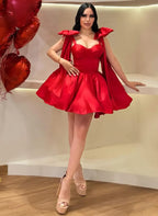 A-Line Sweetheart Corset Dress with Oversized Shoulder Bows & Lace-Up Back