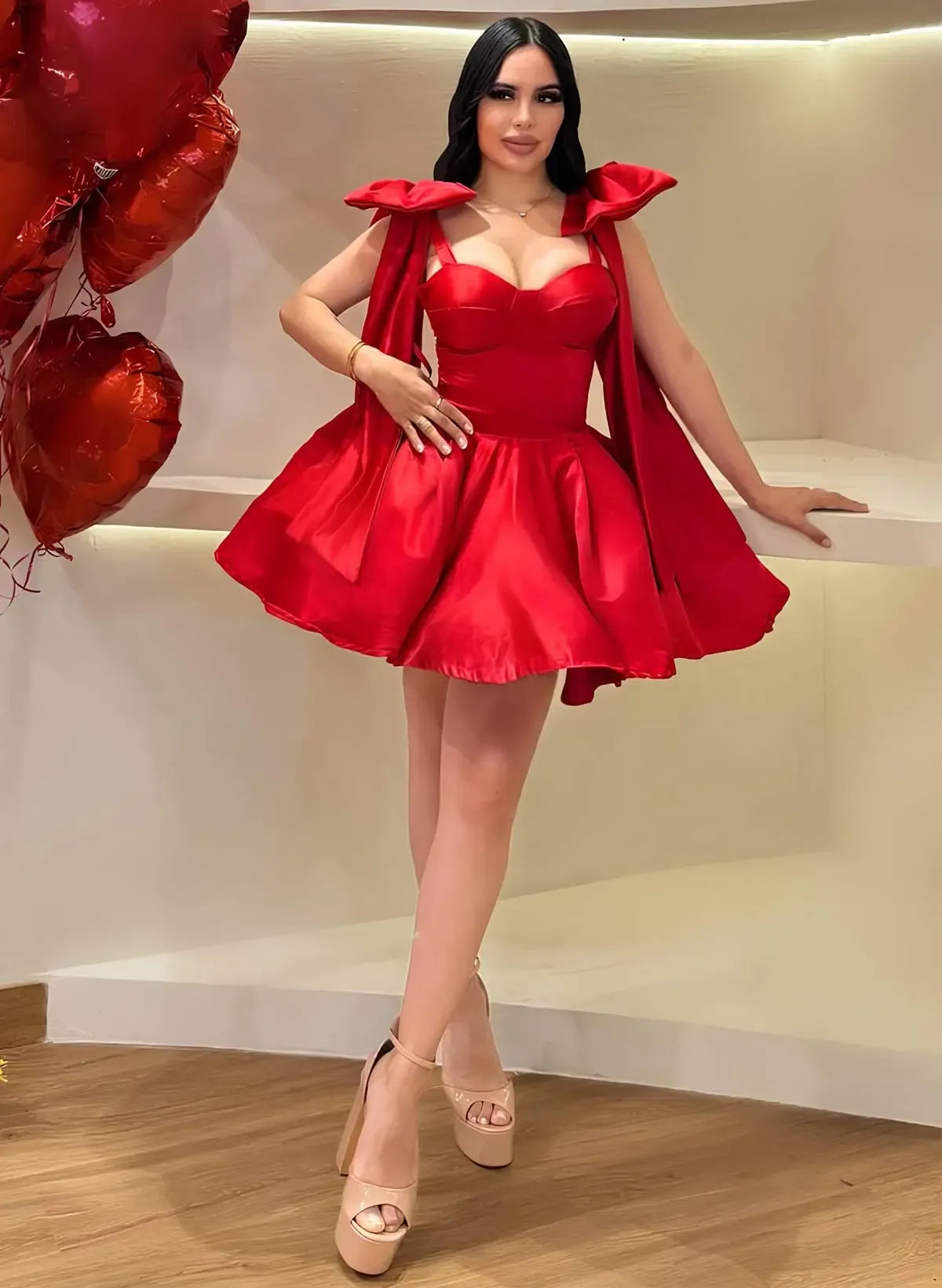 A-Line Sweetheart Corset Dress with Oversized Shoulder Bows & Lace-Up Back