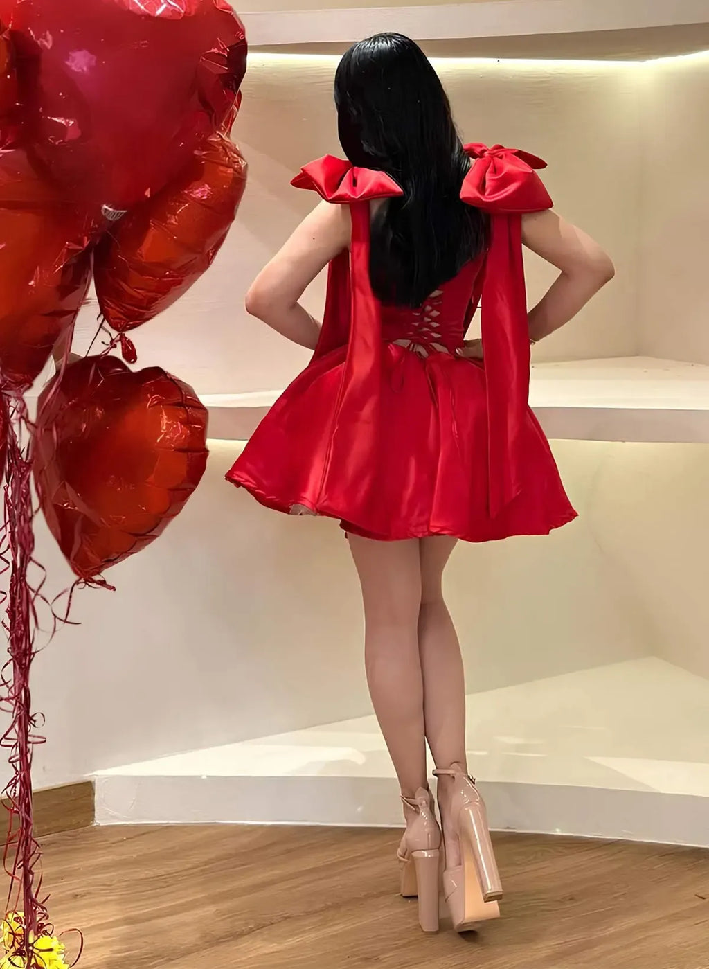 A-Line Sweetheart Corset Dress with Oversized Shoulder Bows & Lace-Up Back