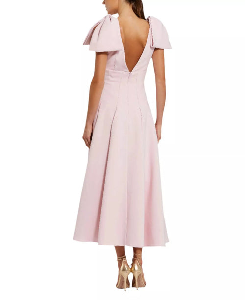 Playful Ballgown V Neck Bow Sleeve Open Back Midi Length For Adults Prom Dress