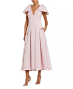 Playful Ballgown V Neck Bow Sleeve Open Back Midi Length For Adults Prom Dress
